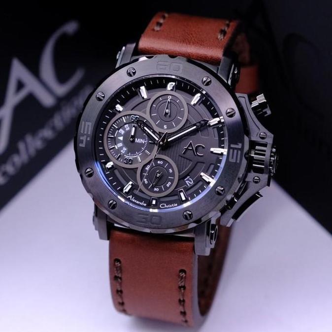 Jam tangan pria wanita alexandre christie ac 9205 chronograph stainless steel rubber & leather orina
