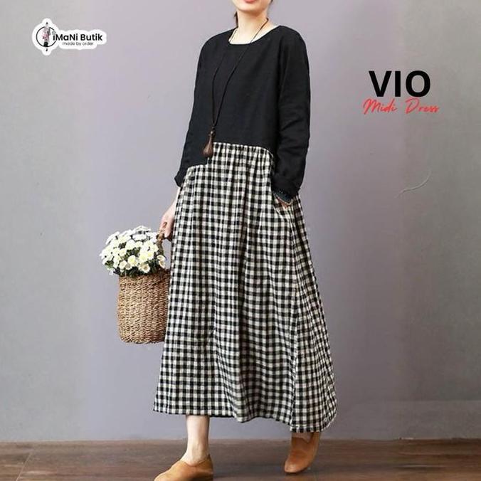 Murah Imani Butik | Dress Vio Fashion Muslim Wanita Model Polos Bahan Katun Formal Hitam Kotak Linen