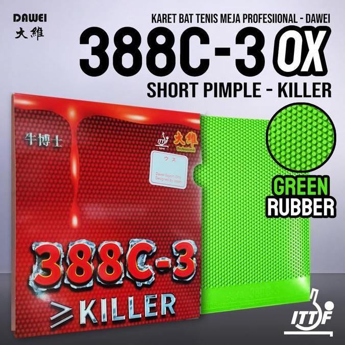 Karet Bat Tenis Meja Pingpong Dawei 388C-3 Killer Green OX Bintik Pendek Serang Jahat