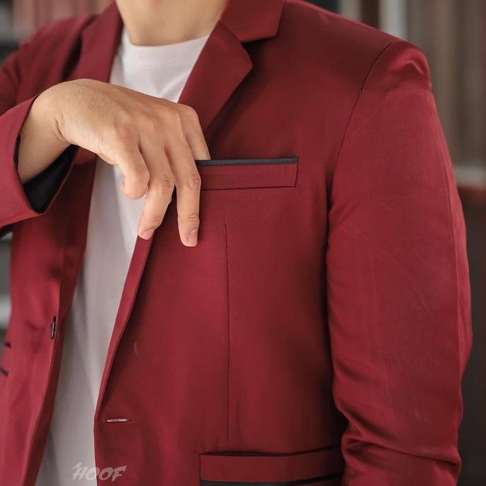 Hoof Jas Dan Blazer Pria Moderizen Maroon Slimfit Kain Merah