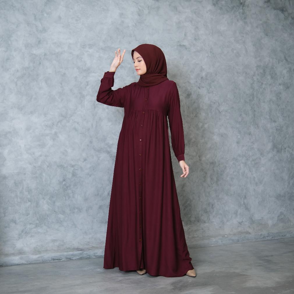 Gamis Full Kancing Rayon Twill Gamis Polos Muslim Wanita Gamis Lengan Kancing