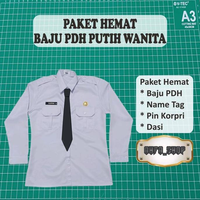 Paket Hemat Baju PDH Putih Wanita (Baju PDH Wanita, Nametag, Pin Korpri, Dasi Hitam) Panjang
