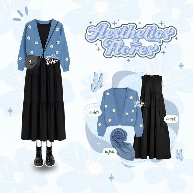 KUKI OUTFIT - Luna One Set Floral Dress (Cardigan, Inner, Hijab, Rok) Outfit Korea Style Remaja Dewa
