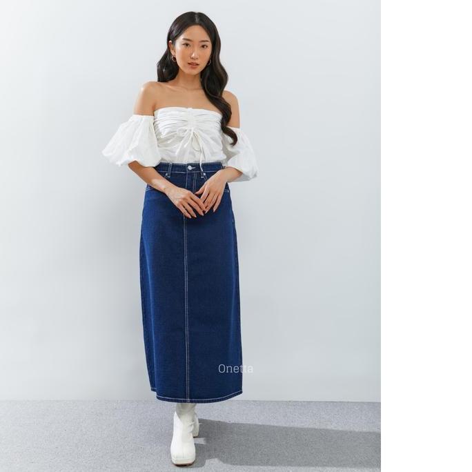 Onetta - HANNAH (Raw Blue) - Rok Jeans Basic High Waist Panjang Hijab Friendly Warna Biru Kancing Ke