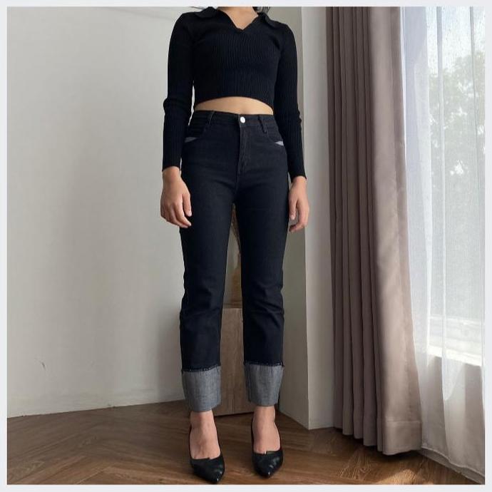 Shenel | Hailey Celana Jeans Wanita Highwaist Stretchy Jeans Melar Kaki Lipat Celana Jeans Panjang C