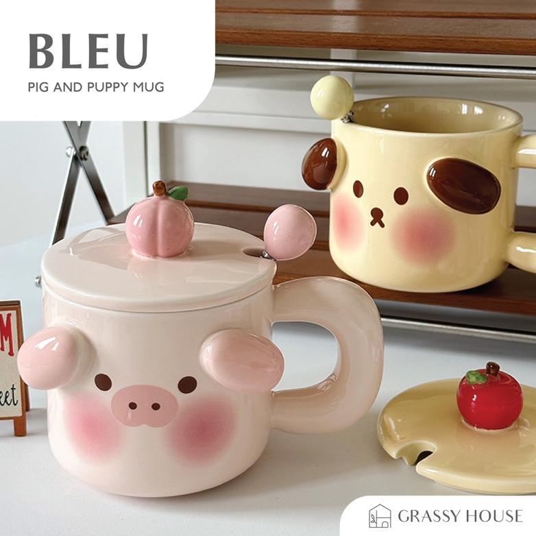 [GRASSY] BLEU Mug Cangkir Puppy dengan Tutup/ Ceramic Mug Korean Aesthetic Termurah