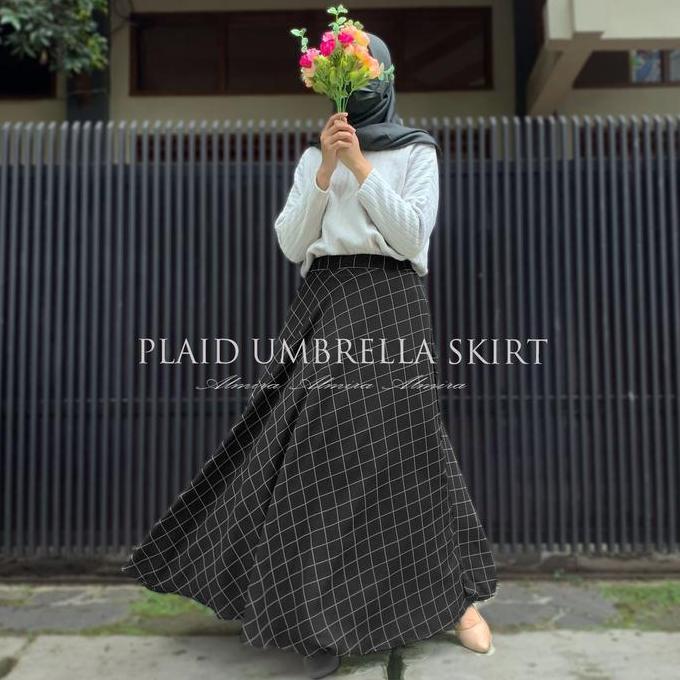 Rok Tartan Motif Kotak Cantik Model Payung Lebar Flowy Bawahan Wanita Muslim Maxi Panjang Plaid Almi