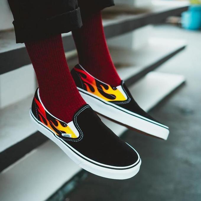 Vans Slip On Flame Black / True White Orinal Resmi