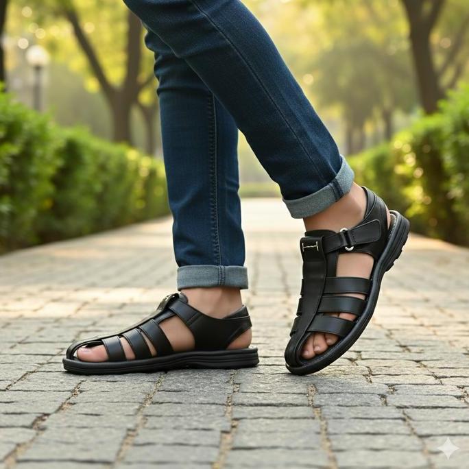 SEPATU SANDAL BUSTONG KULIT SAPI ASLI HITAM PRIA JUMBO BESAR BSIZE