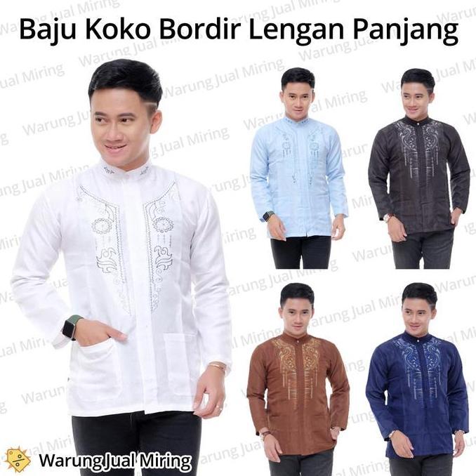 Baju Koko Lengan Panjang Bordir Klasik Kemeja Formal Kantong Polos Dobby Kokoh Tangan Adem Dewasa Pr