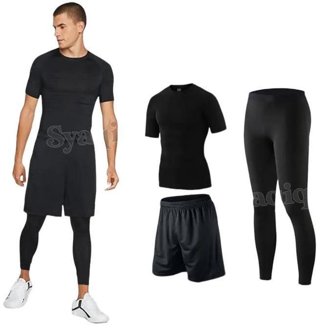 Paket 3 in 1 Manset Baselayer Lengan Pendek Celana Kolor Bola Futsal Celana Legging Panjang Sport Ol