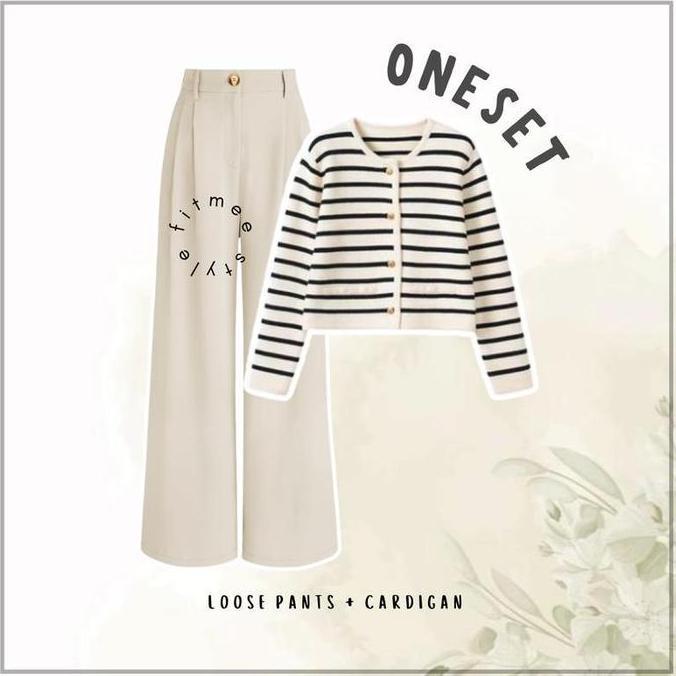 Tahan Lama  Humaerra - Mira - Outfit Set 2In1 Korean Style ( Baju Atasan Cardigan Rajut Stripe + Cel