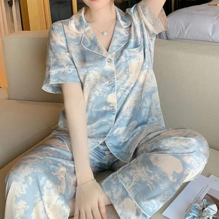 2025 piyama sutra sutra es tie-dye baru piyama wanita sutra manis dan indah angin lengan pendek cela