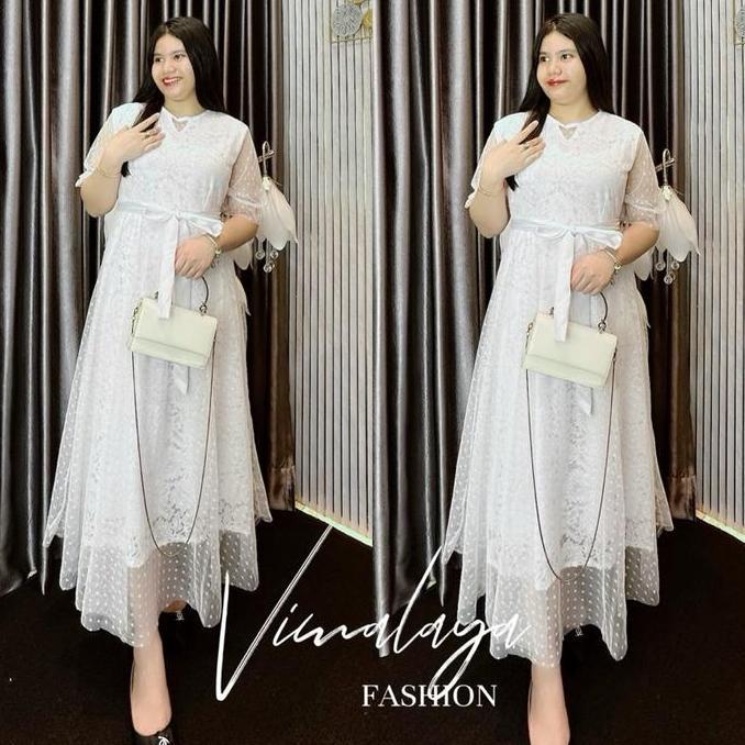 Xyxy- Longdress Brukat Kombinasi Tile Tutu Polos Putih 20110 Gaun Vima Premium Panjang Wanita