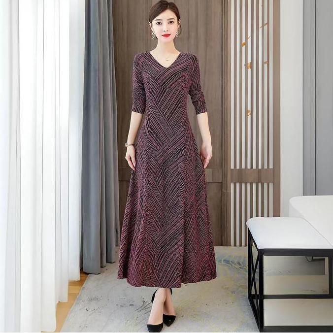 Xyxy- 2025 Baru Gaun Ramping Merah Anggur / Gaun Panjang Versi Korea Casual Wanita Dress Retro Pende