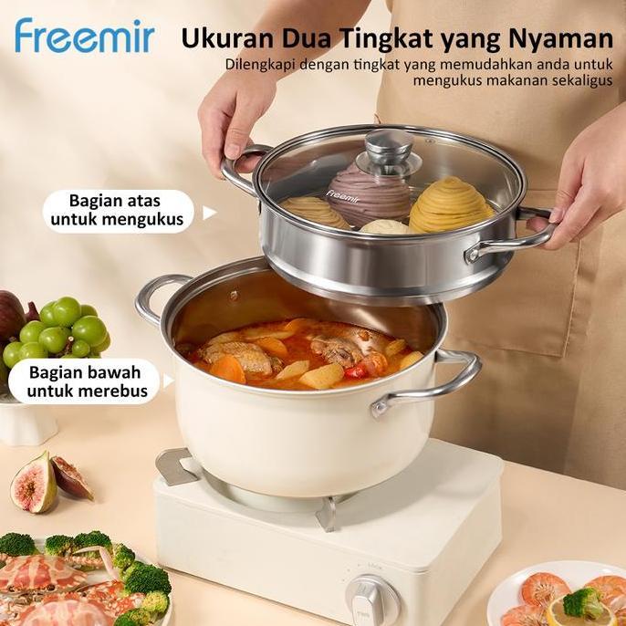 Cookwe- [Baru] Freemir Panci Kukus 2 Susun 24Cm Panci Stainless Steel Panci Anti Karat Anti Lengket 