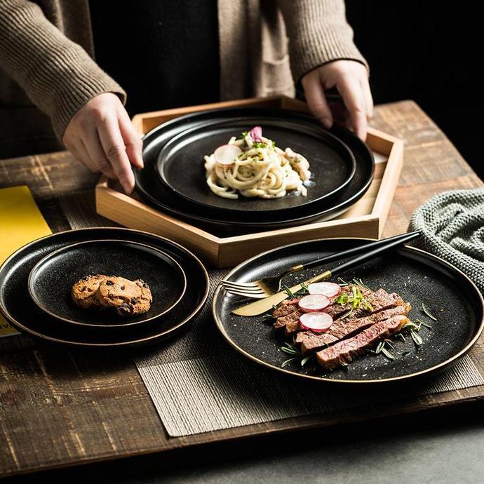 Terpopuler- Black Matte Gold Plate Series / Piring Saji Makan Steak Keramik Hitam Matte Estetik Eleg