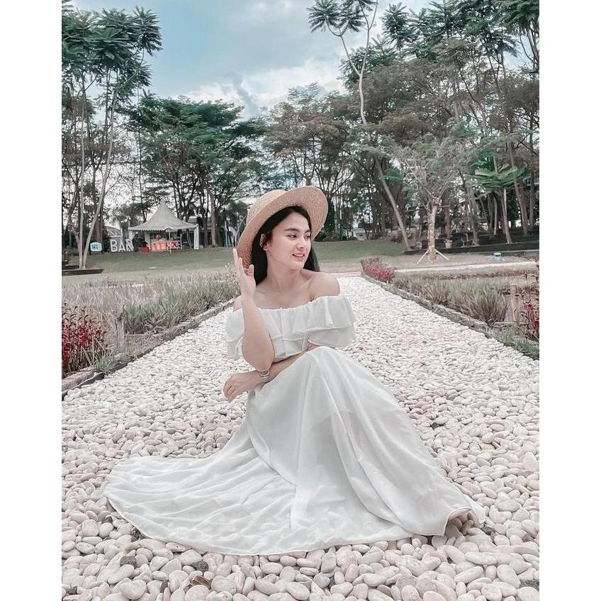 Xyxy- White Chiffon Sabrina Midi Dress Woman Premium / Fairy Dress / Korean Summer Dress / Beachwear