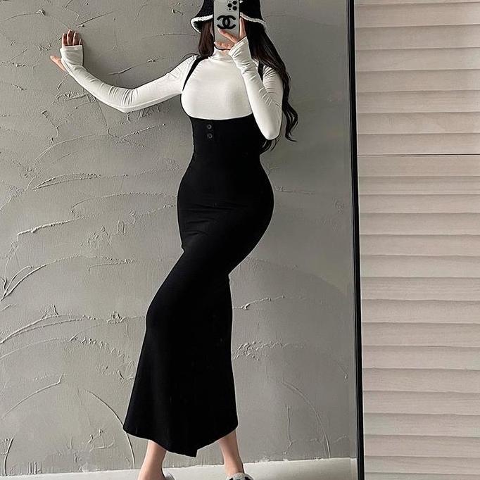 Sendtoday- One Set Turtle Neck Long Sleeve Top + Strap Midi Dress 1570 (S/M/L/Xl)
