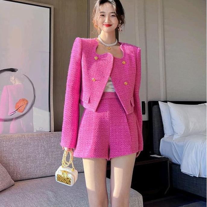 Sendtoday- Missmoka Bobbie Set Setelan Tweed Blazer Dan Celana Pendek Gaya Korea