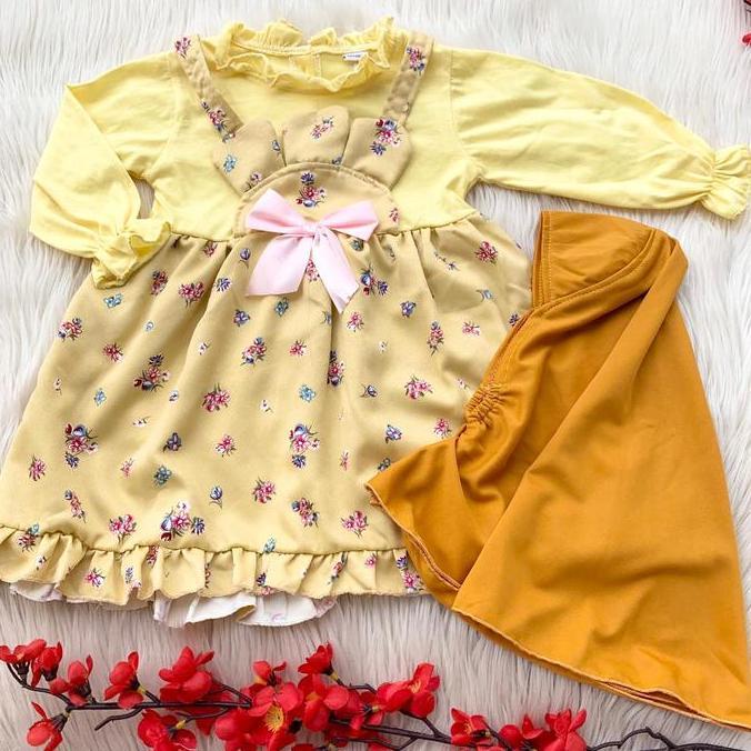 Baju setelan gamis free kerudung lucu anak bayi cewek muslimah lebaran murah bestseller top -flo