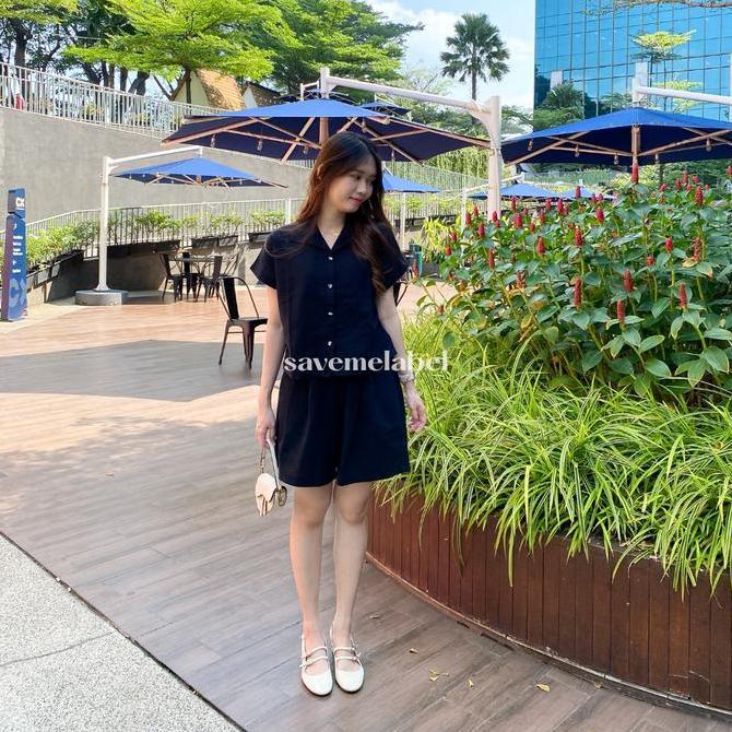 Sendtoday- Liona Set Setelan Wanita Linen Celana Pendek Super Comfy Pinggang Karet Resleting Samping
