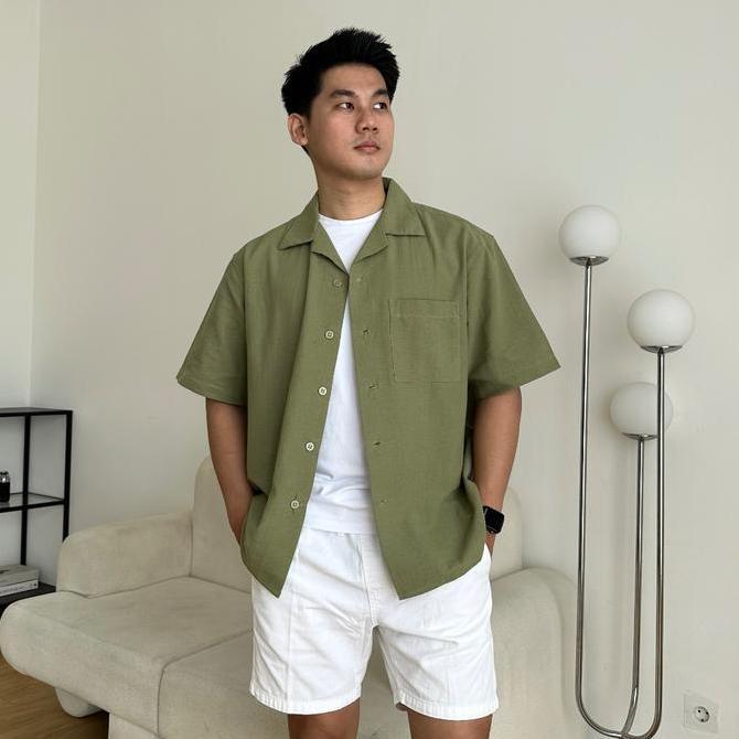 COZYCLUB CUBAN BOWLING Shirt Linen Premium | Kemeja Bowling Kerah Terbuka Lengan Pendek Baju Dark Gr