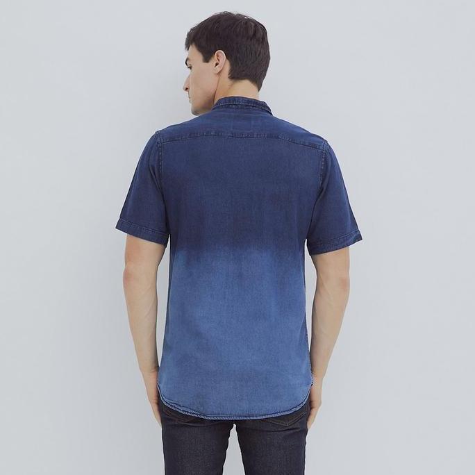 HILLBOSS Kemeja Jeans Lengan Pendek Pria Biru Jamie - Casual Denim Shirt Two Tone Medium Blue - DS00
