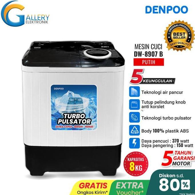 Terlaris Mesin Cuci 2 Tabung Denpoo Dw 8907 B 8 Kg - Dw8907B