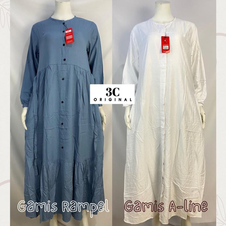 Gamis 3C Original rayon twill Long dress polos wanita kancing depan busui Atasan lengan panjang paka