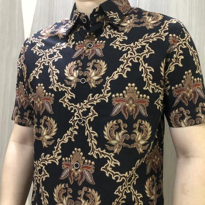 Murah [Gridline - S251 Navy Gold & Black Brown] Kemeja Batik Pria Slimfit