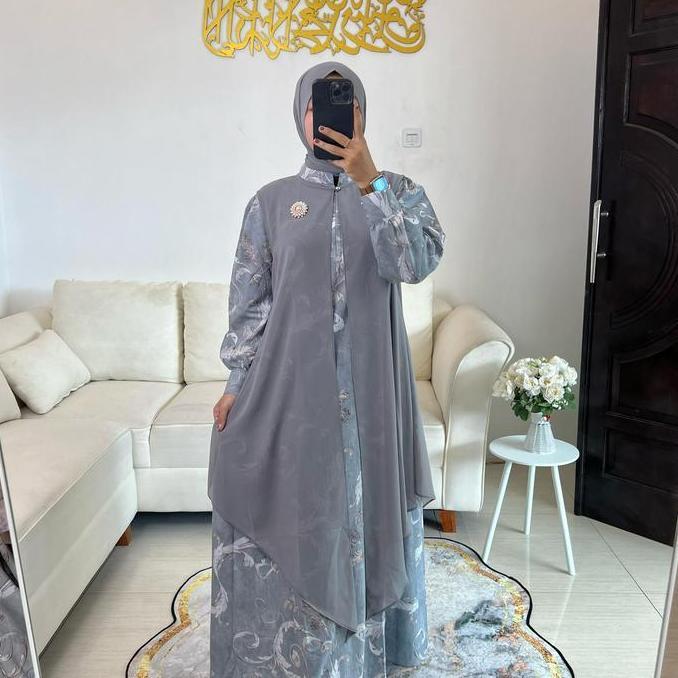 Grosir Syafacollection Kamari Dress Muslim Lebaran Set Pasminah Ceruti Polos Motif Bunga Gamis