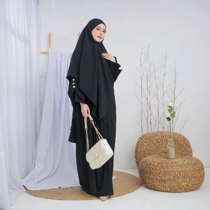 Grosir Rahma Abaya Peach Forta Set Kerudung Kancing Plisket (Gamis Umroh Haji Set Kerudung)