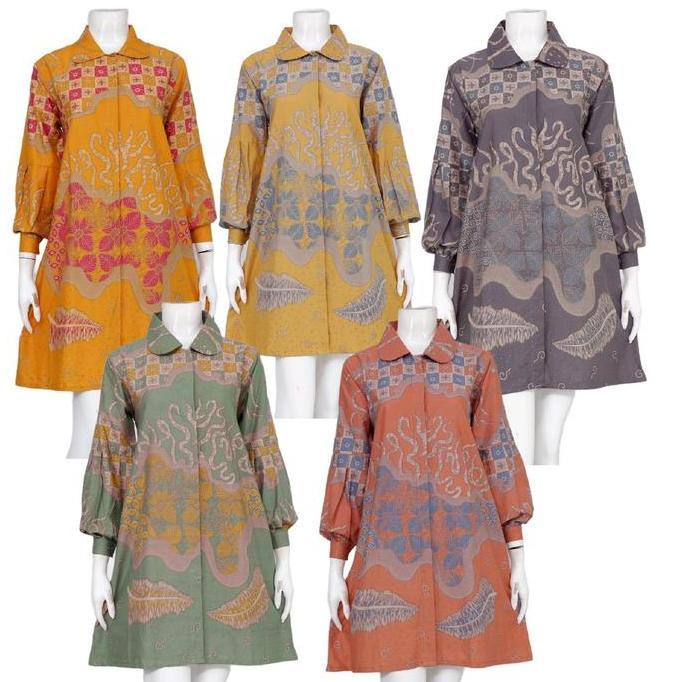 (BEST SELLER) Tunik Wanita Batik Rinjani Motif Pola Katun Kancing depan Katun