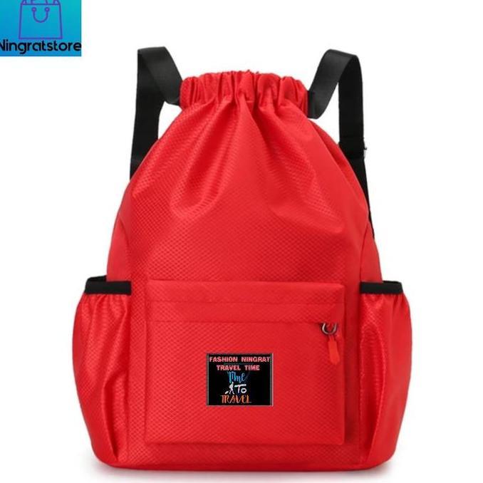 (BEST SELLER) Tas Serut Travel Olahraga Anti Air Ransel Wanita Serut Kanvas Pink