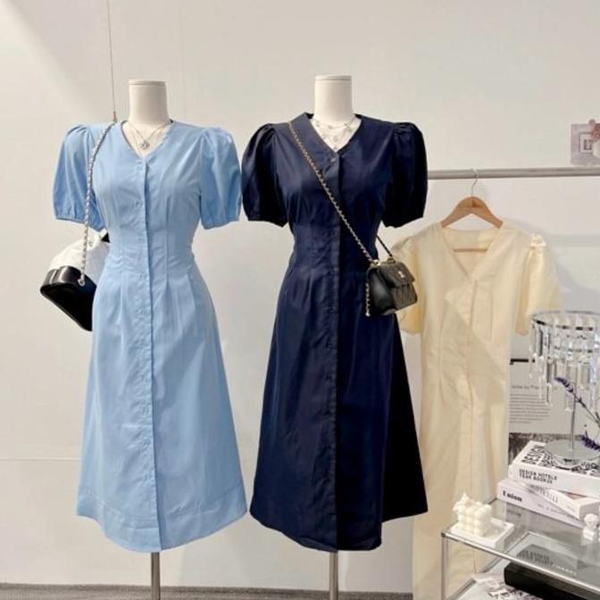 Tahan Lama Amanda Korean Dress V-Neck // Midi Dress Korea // Dress Korset // Dress Tali // Dress Cas