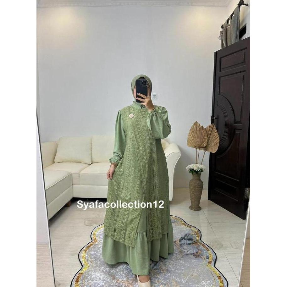 Grosir Syafacollection Alfina Dress Gamis Dengan Model Polos Dan Kombinasi Brukat Malika Untuk Wanit