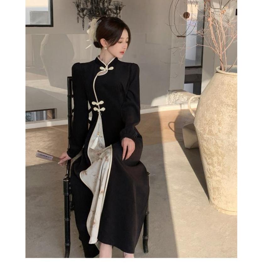 Termurah  Dress Qipao Gaya Oriental Korea Vintage Retro Klasik Dress Panjang Cheongsam