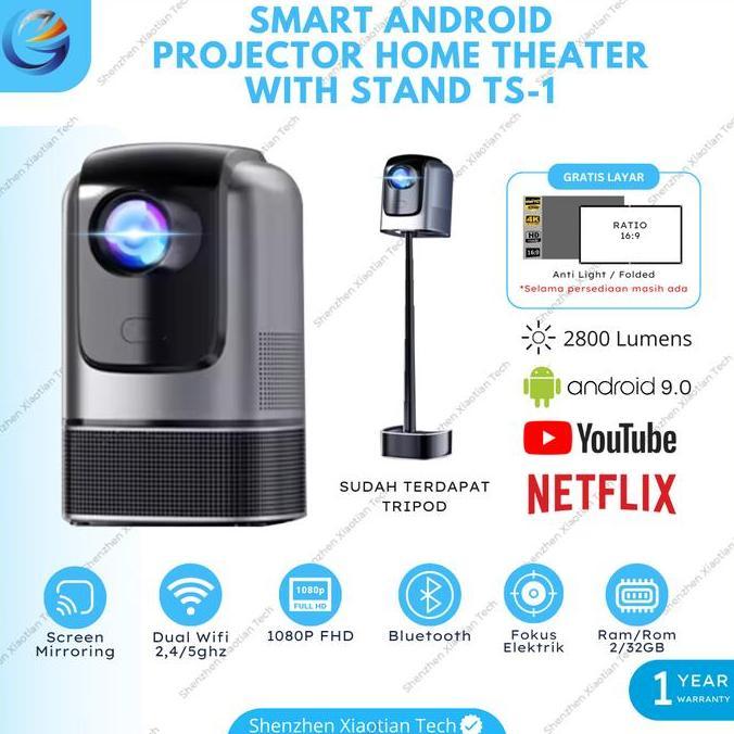 Proyektor Mini LED TS-1 Android 9.0 Wifi 2800 Lumens | Proyektor Mini Android 4K | Proyektor Mini Po