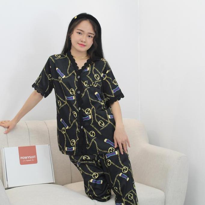 Termurah  St Rantai Powysuit Baju Tidur One Set Motif Rantai Bahan Satin Lengan Pendek Celana Panjan