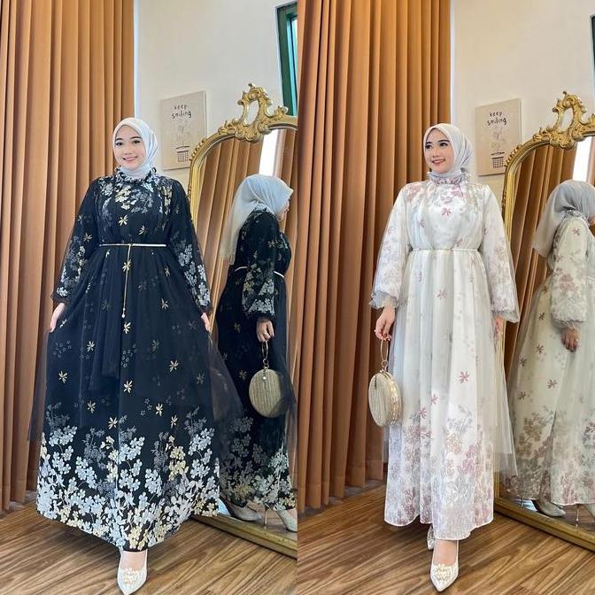 Murah Yv1189 Set 2In1 Bahan Ceruti+Outer Tulle+Free Belt / Gamis Lengan Panjang
