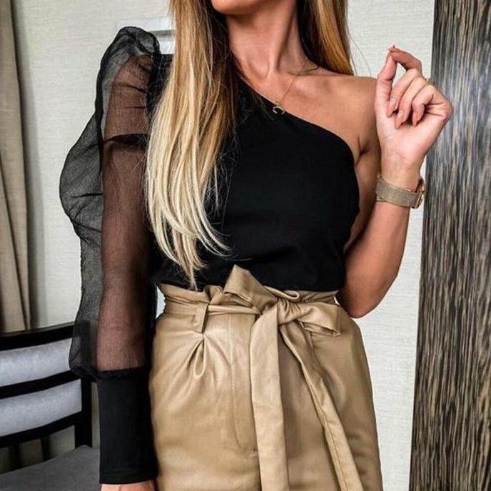 Thebest- Delisya One Shoulder Scuba Organdy Baju Atasan Wanita Tangan Balon Draped Brown