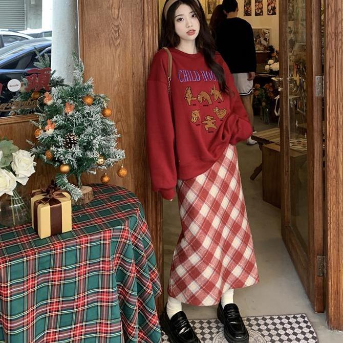 Rok Kotak-kotak Retro Pinggang Tinggi Temperamen Serbaguna Rok A-line Rok Midi Belahan Wanita Kulit 