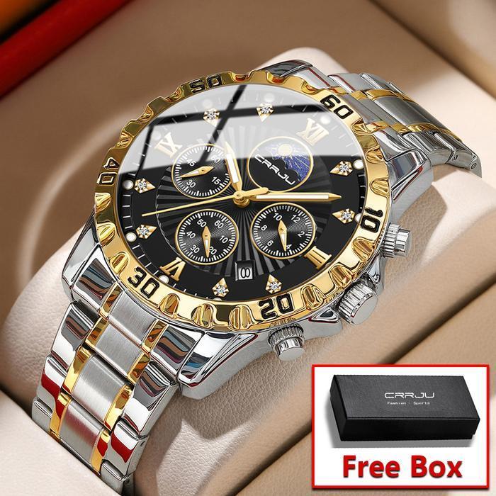 CRRJU Jam Tangan Pria Anti Air Original Anti Karat Luxury Kronograf Bercahaya Kalender Quartz Watch 