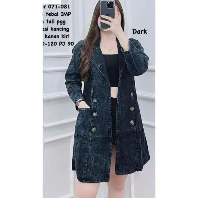 Long blazer jeans tebal lengan panjang varian kancing depan/outer tunik jeans bkk Kantong Lembut Den