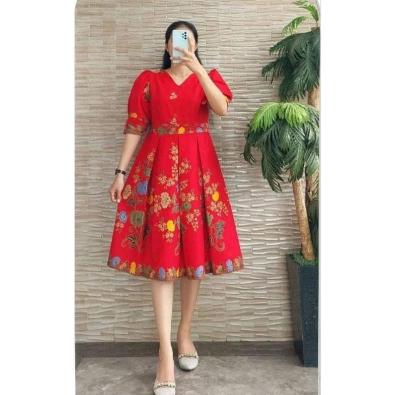 CUMA HARI INI DRESS BATIK PREMIUM PESTA LENGAN BALON DRESS BATIK TERBARU LENGAN PENDEK BALON DRESS B