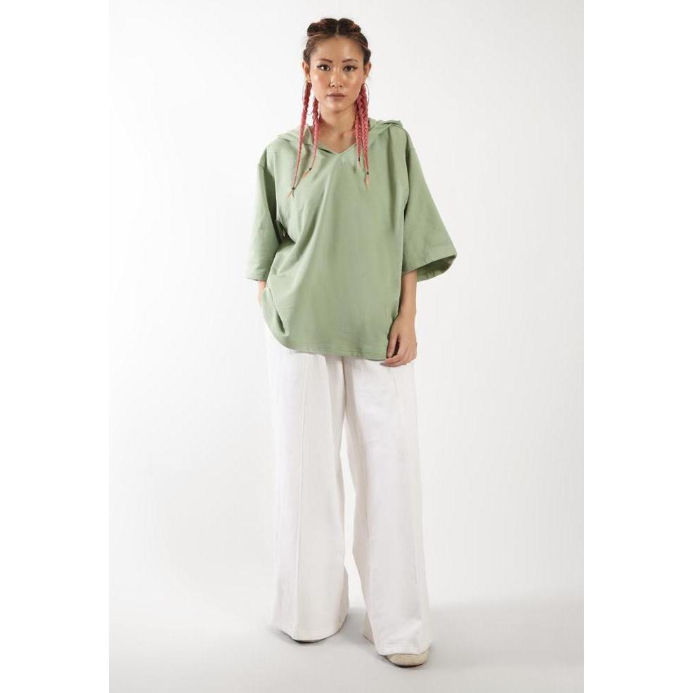 OCWA X VEDECI OVERSIZED BLAZE SHORT SLEEVE HOODIE SAGE GREEN WOMAN