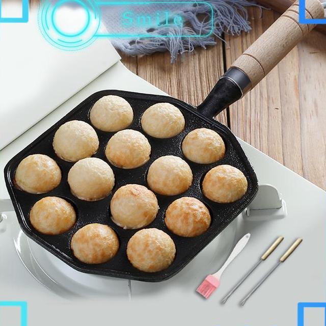 14 Lubang Wajan Takoyaki Anti Lengket Pegangan Kayu Panci Takoyaki Anti Lengket Tanpa Pelapis Pegang