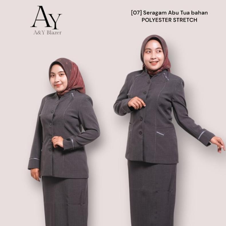 ORIGINAL [07] A&Y BLAZER BAJU SERAGAM PDH GURU / PNS WANITA WARNA ABU TUA BAHAN POLYESTER STRETCH | 