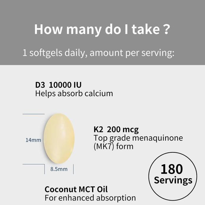 Hololoo- Youthvita Vitamin D3 K2 10000Iu(Kandungan Vit D3 5000Iu Ganda)Sendi Gigi Tulang Jantung 180